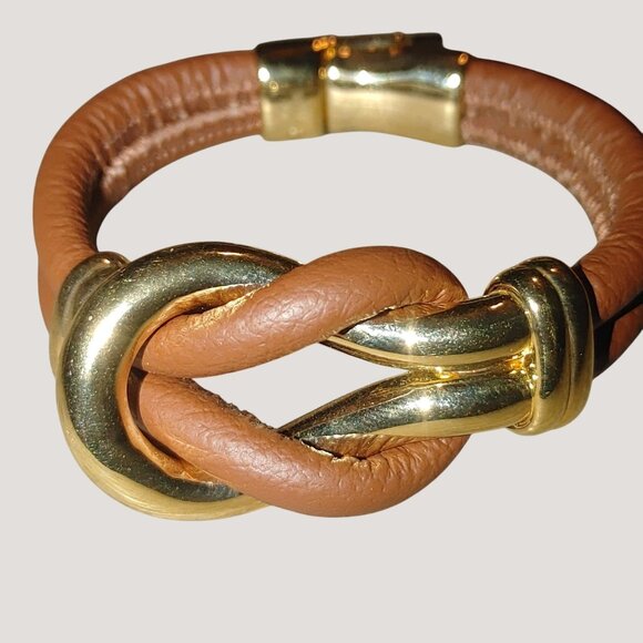 Bracelet Bellezza Italy Knot Brown Leather Gold Tone Magnetic Closure Stamped - Picture 1 of 11